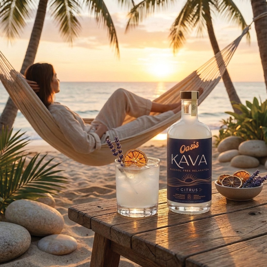 Oasis Kava Spirit poured over ice at sunset, person relaxing in a hammock