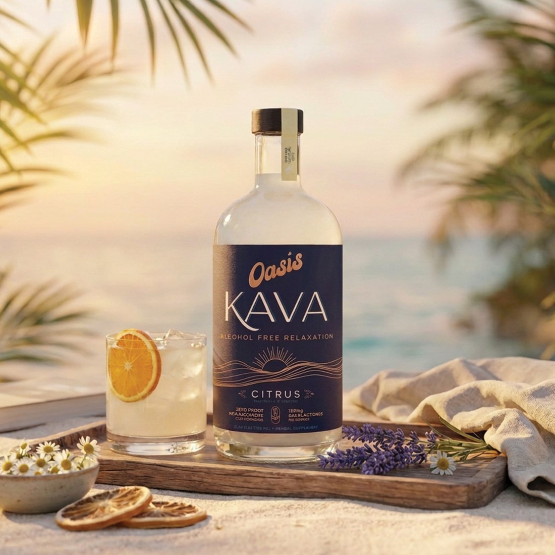 Oasis Kava Spirit, Citrus, on a sunlit beach with dried citrus and lavender